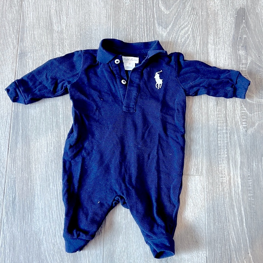 RALPH LAUREN Navy Blue Baby Onesie Long-Sleeve Oversized Polo Size 3M